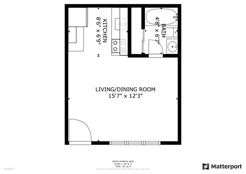 Floor plan for studio, 1 bath, 350 sqft